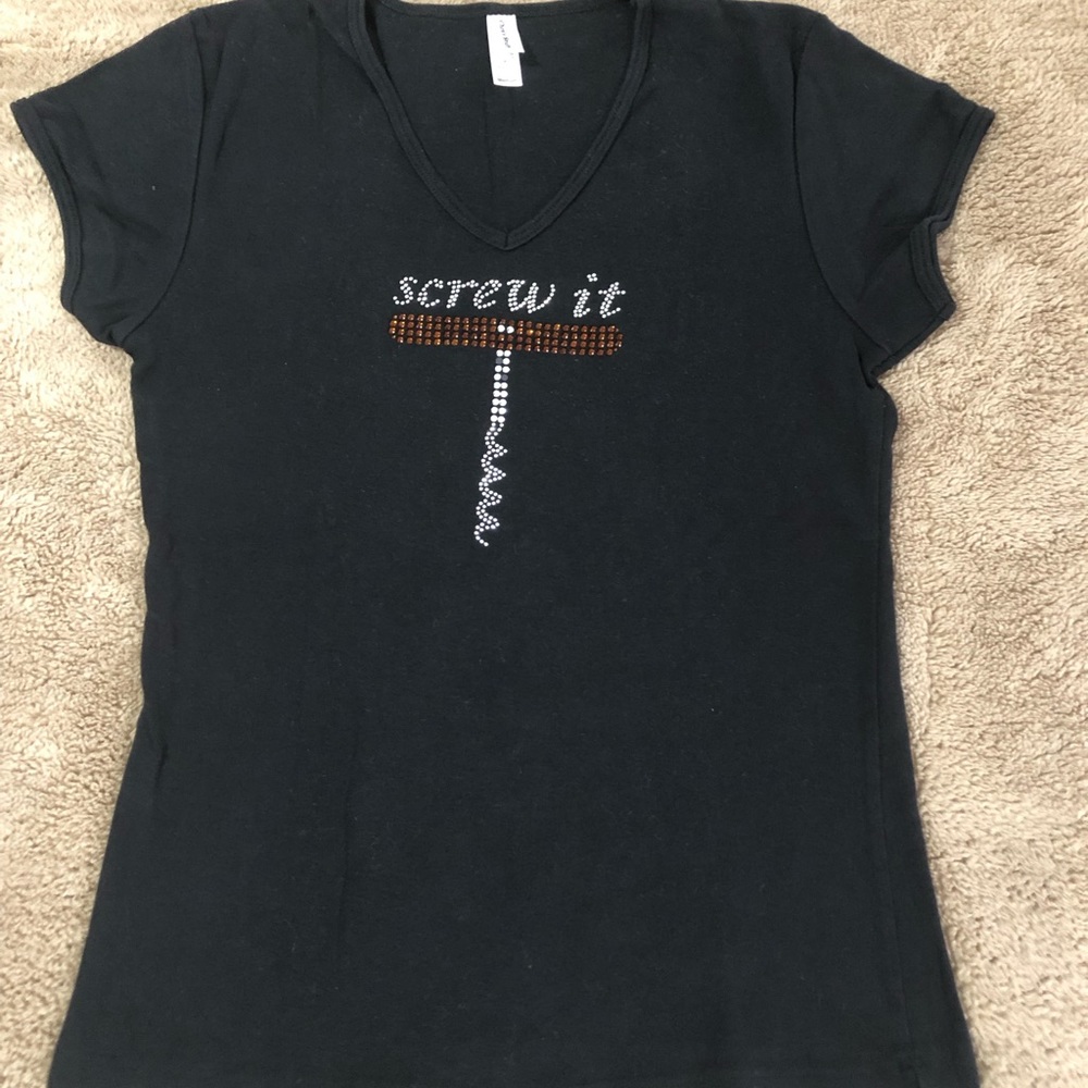 Adorable Novelty T-Shirt Wine Corkscrew Bling/Rhinestone Embellishments.
